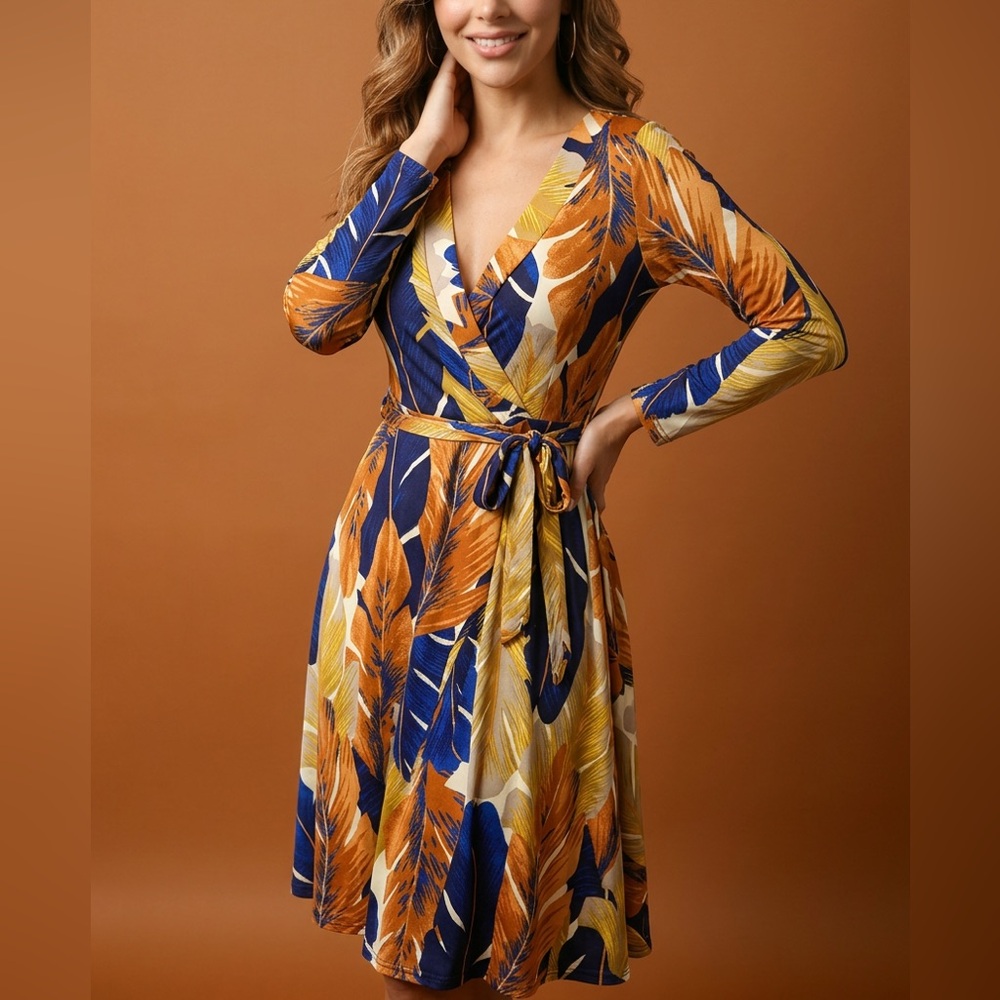 #117 Fall Feathered Wrap Dress in Blue and Gold Leaf Print